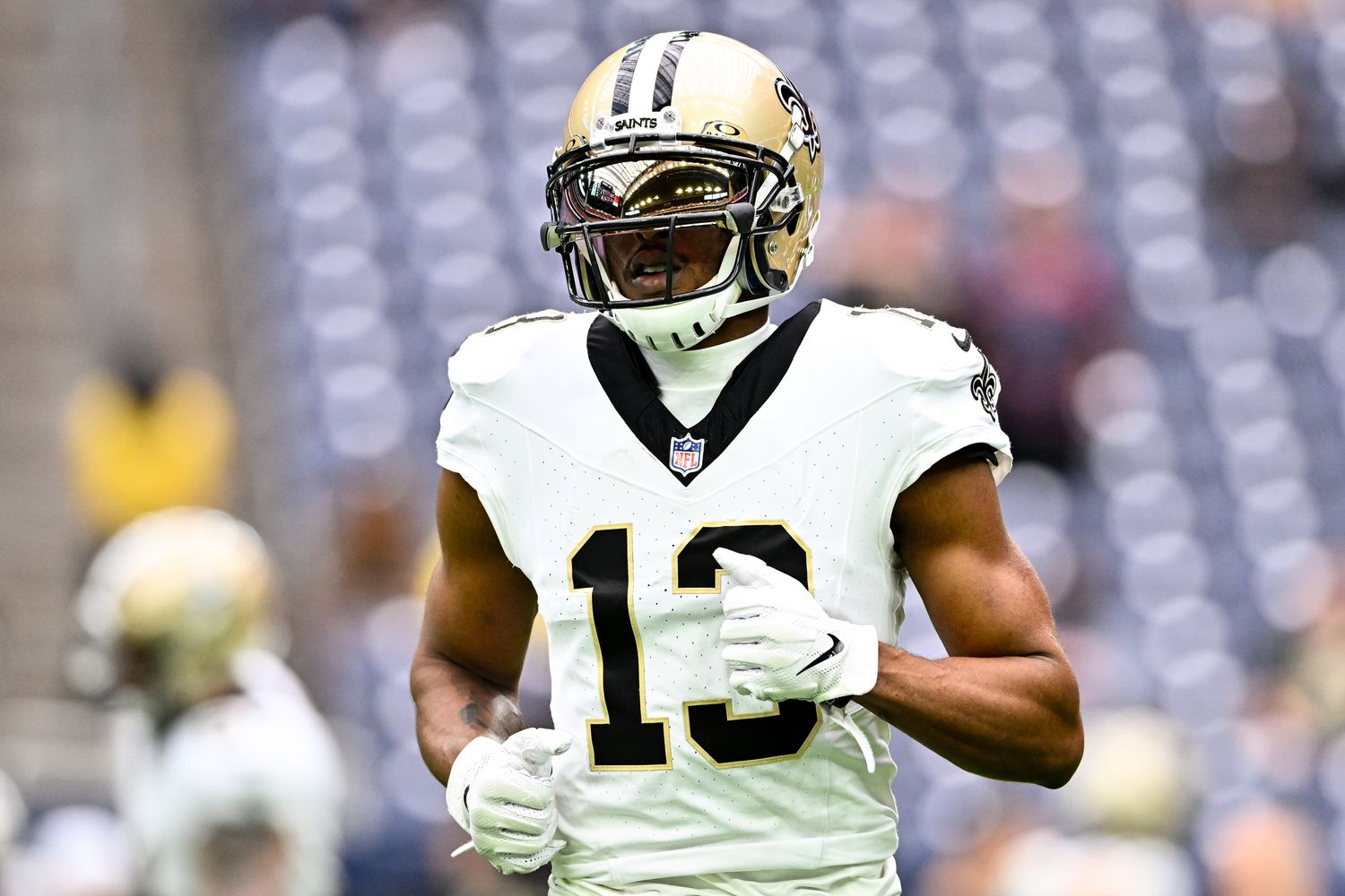 Houston, Texas, USA; New Orleans Saints wide receiver Michael Thomas (13) during warm ups prior to the game against the Houston Texans at NRG Stadium. Mandatory Credit: Maria Lysaker-USA TODAY Sports